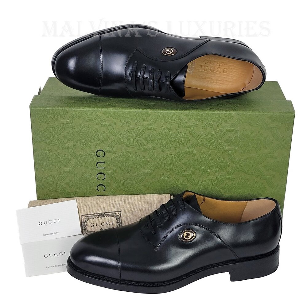 GUCCI SHOES MENS BLACK LEATHER INTERLOCKING G LOGO DERBY OXFORD sz 9 US 9.5 - Picture 4 of 15